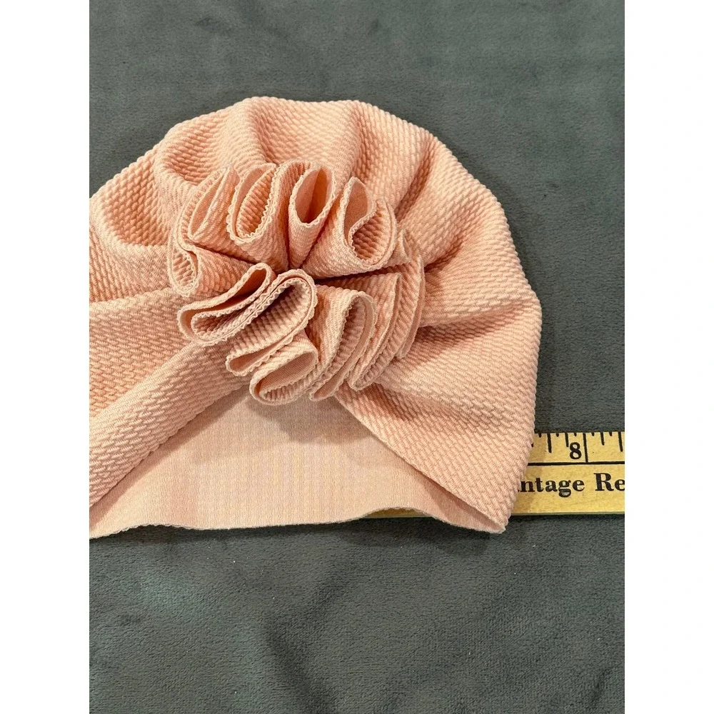 Baby Girl Waffle Knit Turban Hat Peach Pink Ruffle Flower Beanie Headwrap